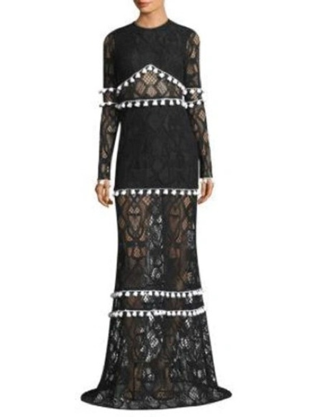 LIKE NEW Alexis Black Lace Long-Sleeve Gown with White Trim